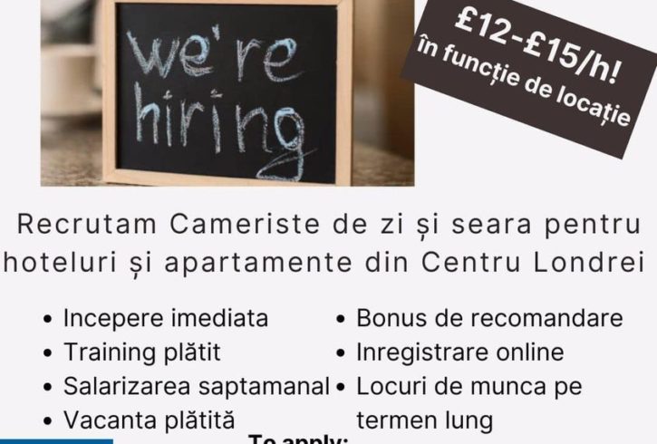 Recrutam Cameriste Hoteluri si Apartamente in Londra