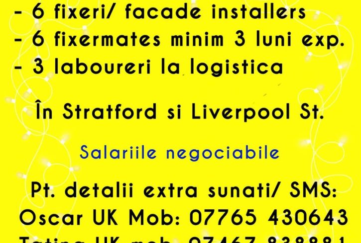 Angajam Instalatori Fatade de Sticla in Londra, UK