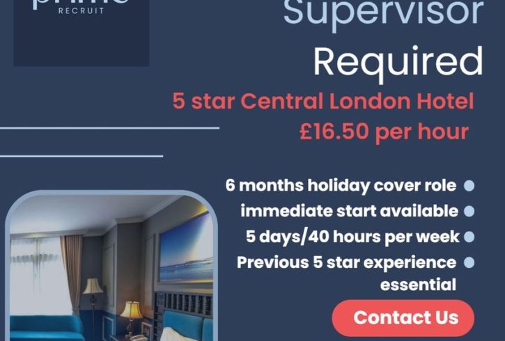Recrutam Housekeeping Supervisor Hotel in Londra, UK