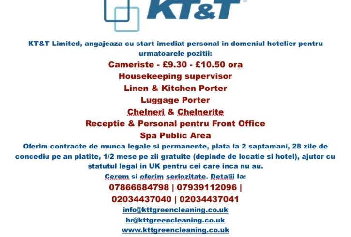 KT&T Ofera Locuri de Munca In Hoteluri Din Londra