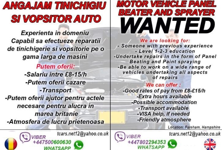 Angajam Vopsitor auto / Tinichigiu in Marea Britanie