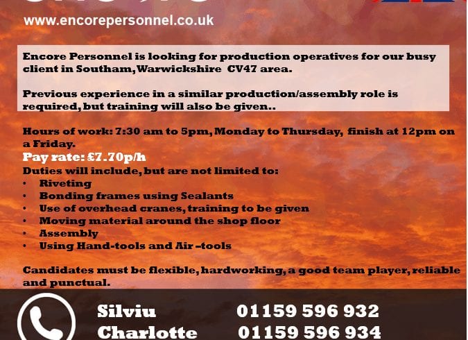 Production Operative in Southam Production Operative in Southam