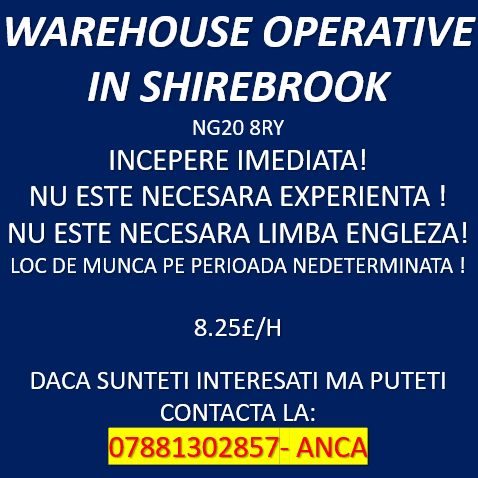 Operatori depozit Shirebrook - NG20 8RY Operatori depozit Shirebrook - NG20 8RY