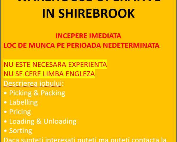 Locuri Munca Operatori Depozit in Shirebrook UK