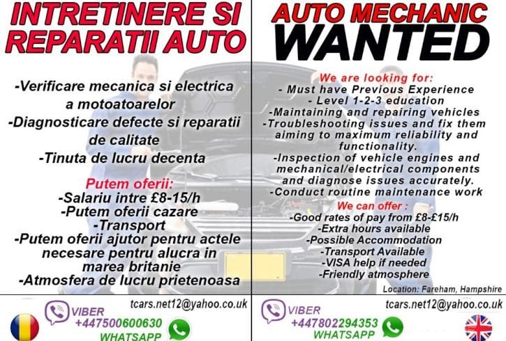 Angajam mecanic auto in Marea Britanie