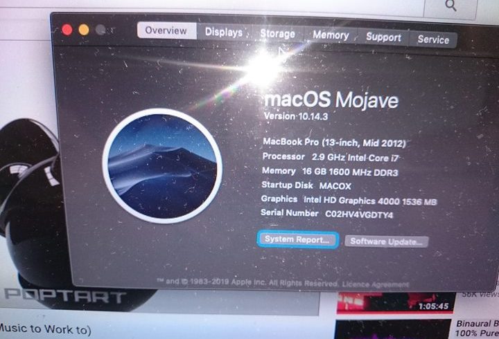 Macbook Pro i7 2.9 750 GB SSD 16 GB Ram OS Mojave + Windows